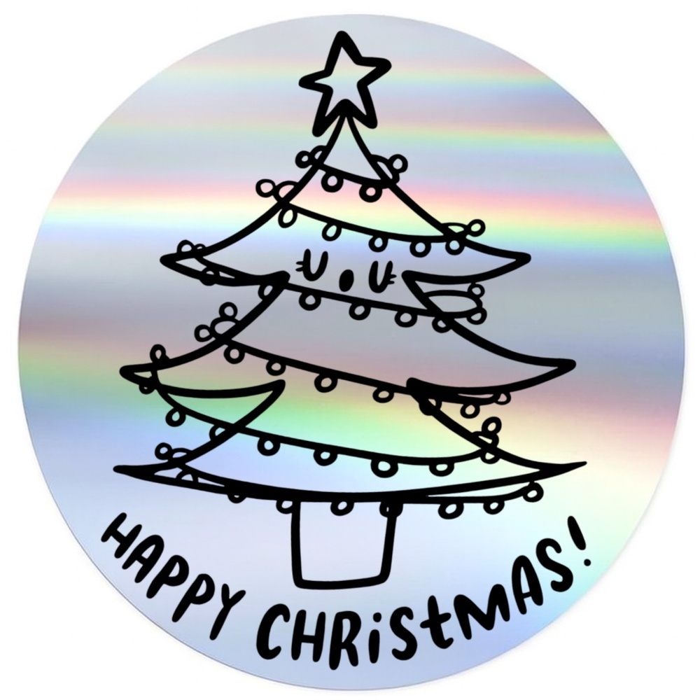 Holographic Happy Christmas Stickers • Holiday Tree Packaging Labels • 2 Inch